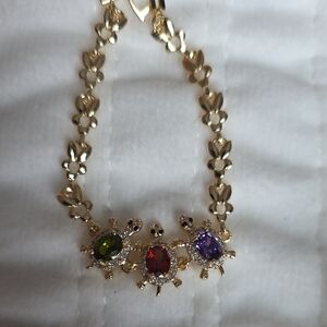 Gold Turtle Charm Bracelet with Multicolor Stones